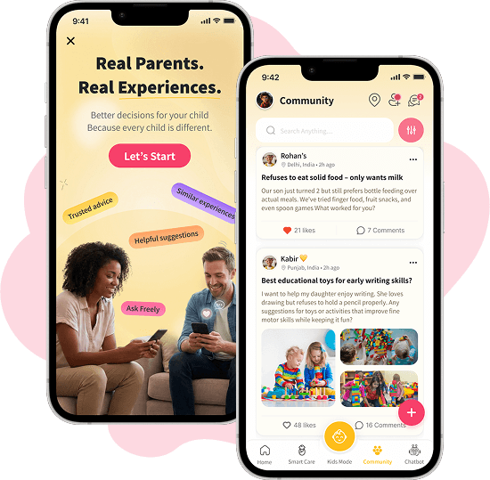 Todemy Community: onboarding screen and community feed with parent posts.