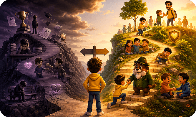 Two paths — character foundation vs grades without values